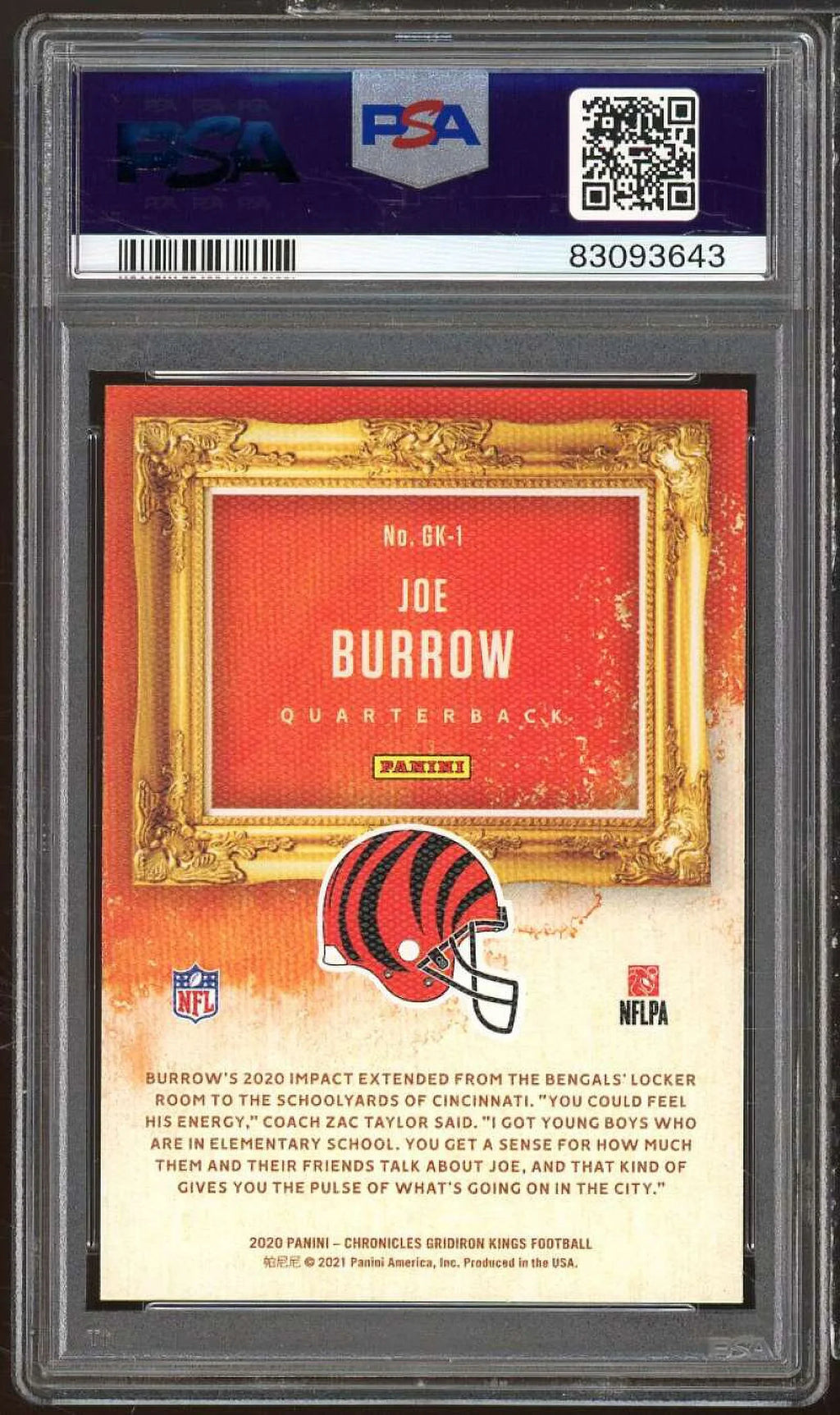 Joe Burrow Rookie Card 2020 Panini Chronicles Gridiron Kings Green #GK-1 PSizeA 9