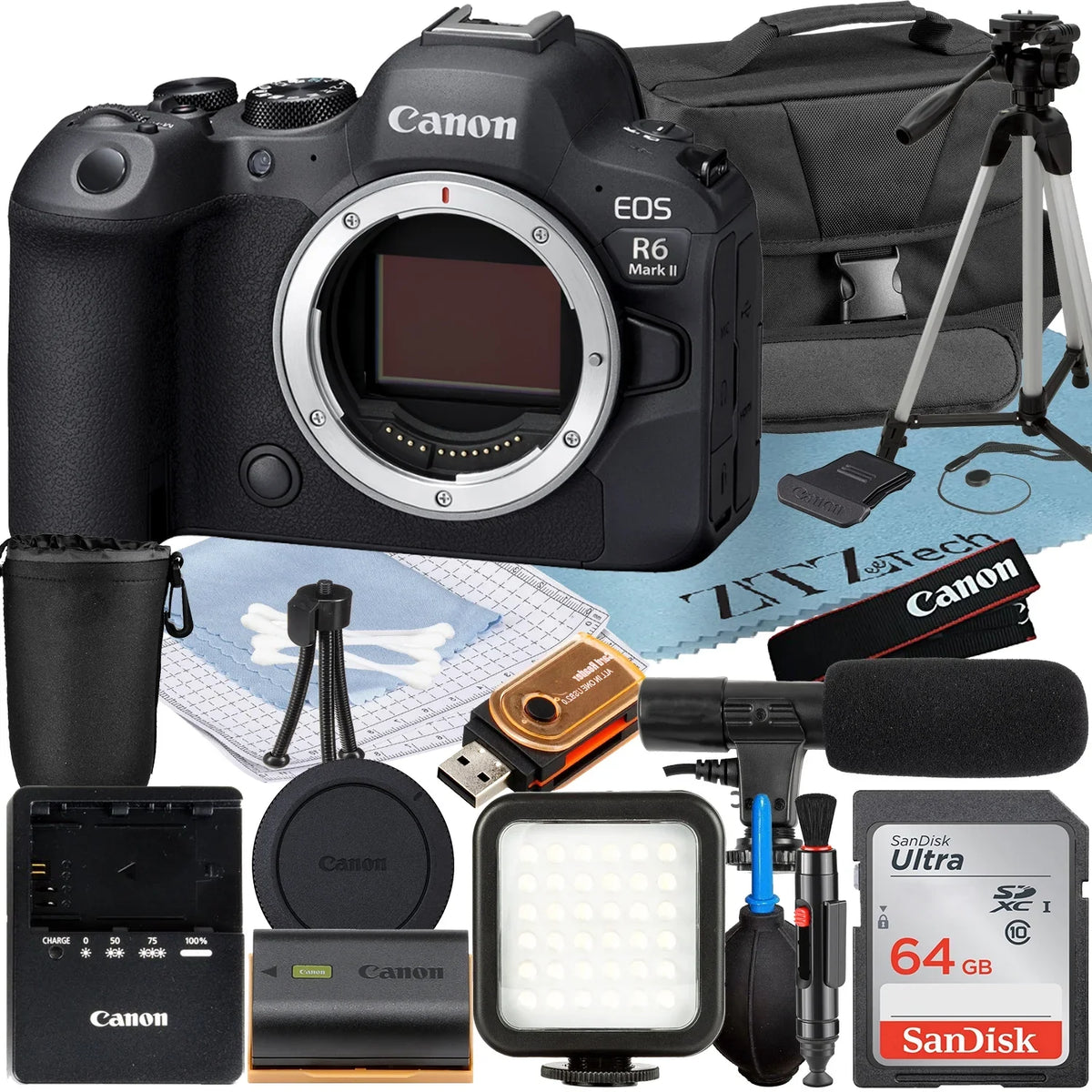 EOS R6 Mark II Mirrorless Camera (Body) with SanDisk 64GB Memory Card + Case + LED Flash + ZeeTech Accessory Bundle