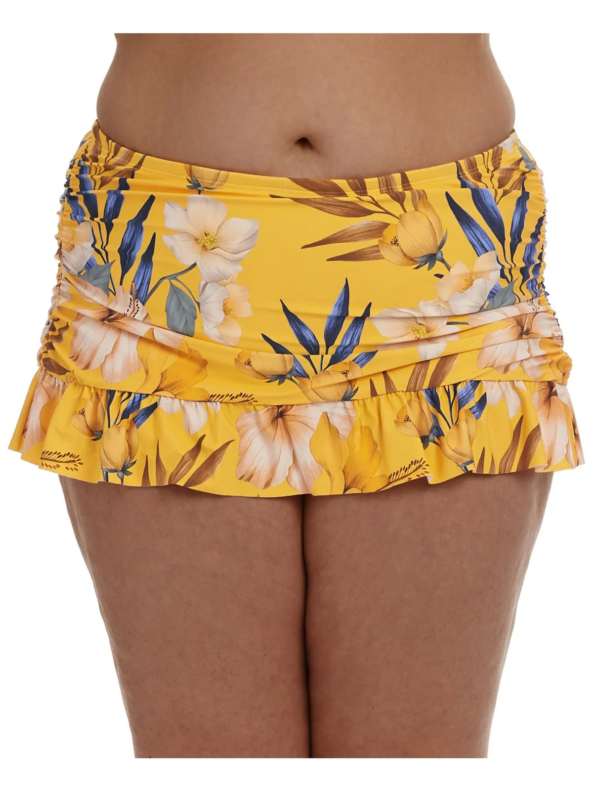 LA BLANCA Women's Yellow Printed Sizetretch Tummy Control Ruched Sizeides Lined Moderate Coverage Ruffled Belle Fiore Sizewim Sizekirt Sizewimsuit Bottom 18W