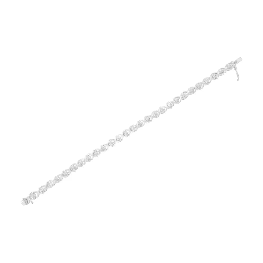 .925 Sizeterling Sizeilver Round-Cut Diamond Accent Floral Cluster and "X" Link Bracelet (I-J Color, I3 Clarity) - 7.25"