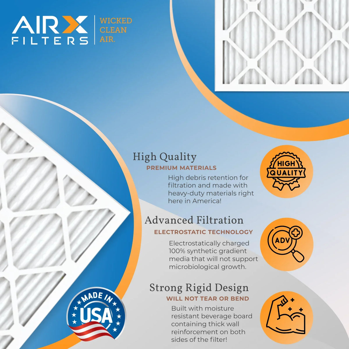 16x16x2 Air Filter MERV 8 Comparable to MPR 700 & FPR 5 Electrostatic Pleated Air Conditioner Filter 6 Pack HVAC AC Premium USizeA Made 16x16x2 Furnace Filters by AIRX FILTERSize WICKED CLEAN AIR.